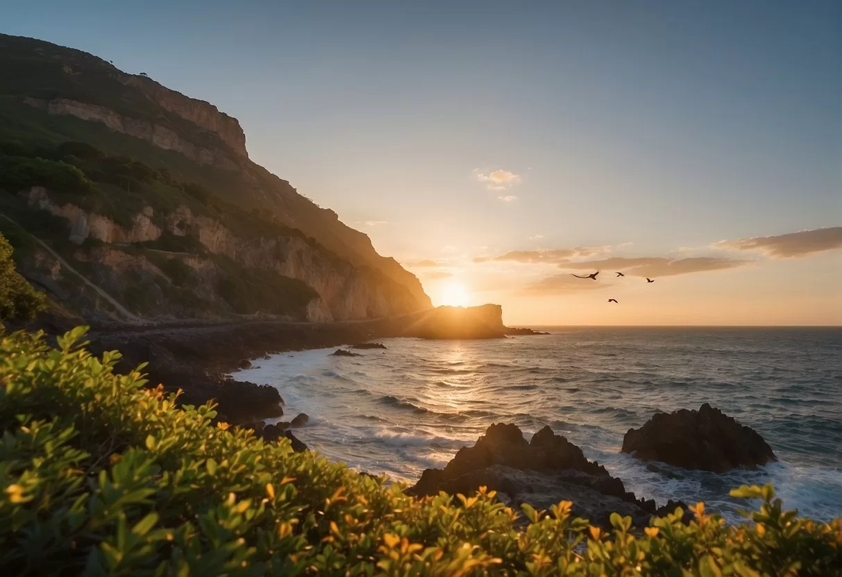 The sun sets over the tranquil waters surrounding Marieta Island, casting a warm glow on the rugged cliffs and lush greenery. Waves gently lap at the shore, while colorful birds fly overhead