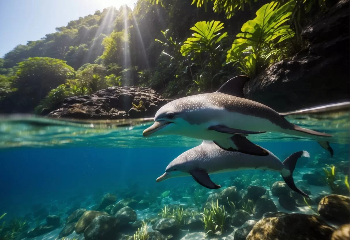 Lush jungle teeming with diverse wildlife on Marieta Island, Puerto Vallarta. Vibrant birds, playful dolphins, and colorful fish in crystal-clear waters in Puerto Vallarta Marieta Island