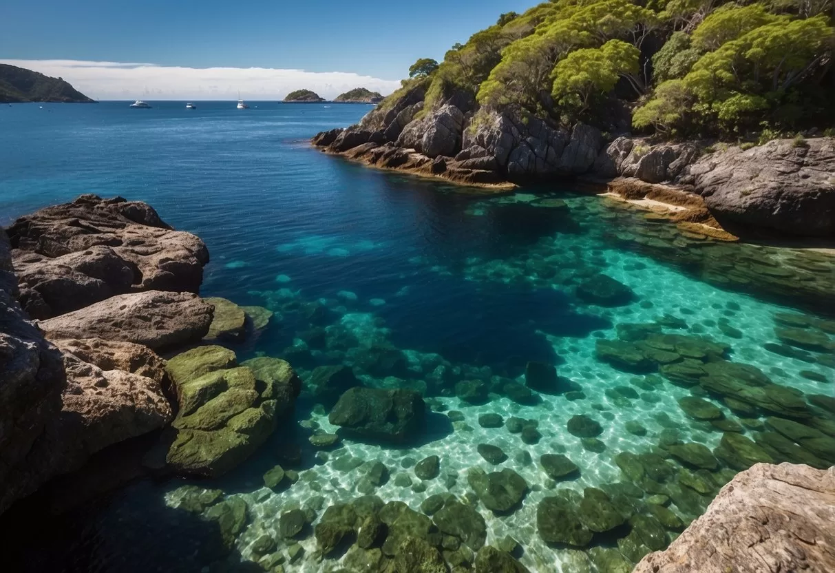 Crystal clear waters surround Marieta Islands. Lush greenery covers the rocky terrain. A vibrant array of marine life thrives beneath the surface in Puerto Vallarta Marieta Island