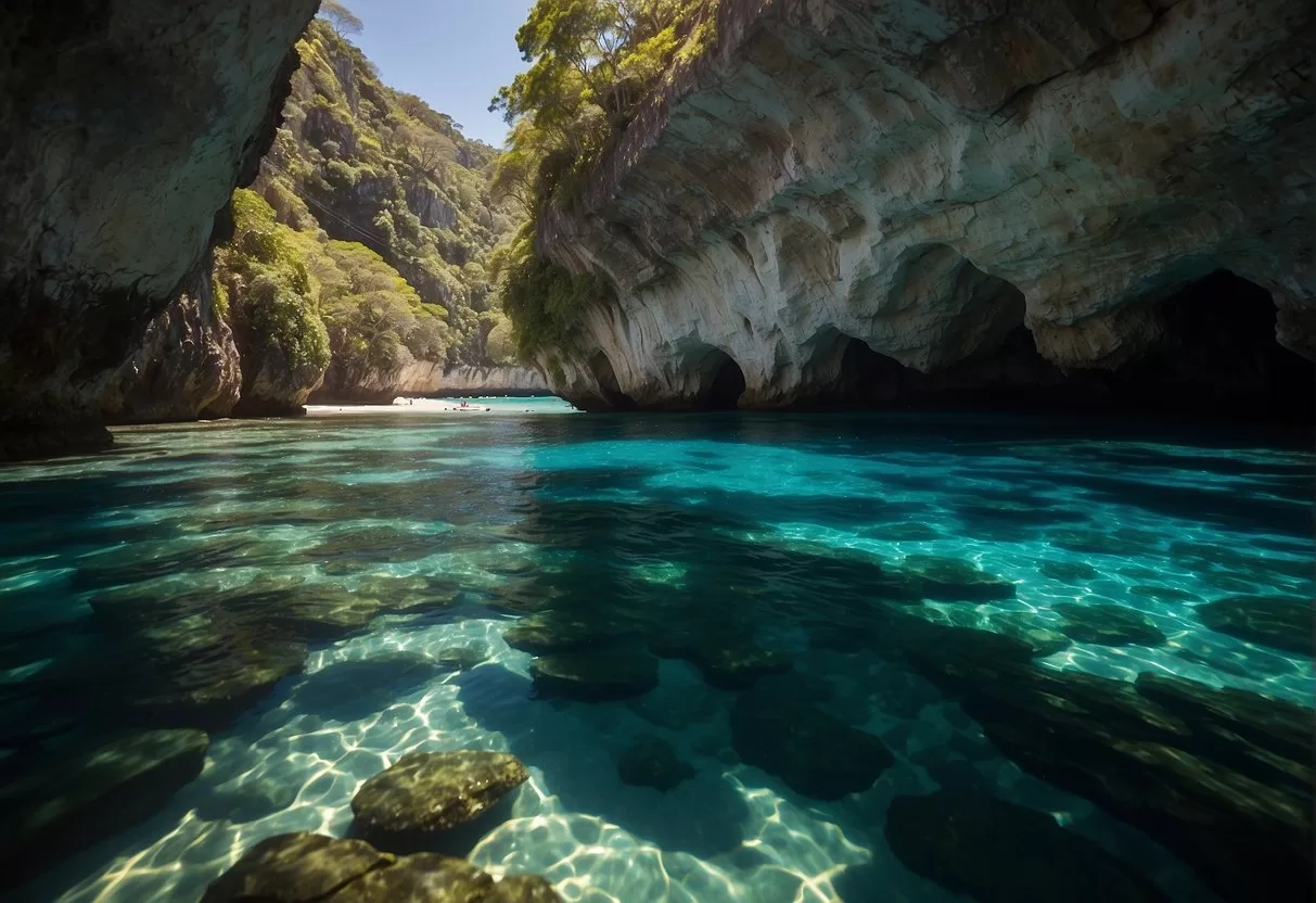 Crystal clear waters surround Marieta Island. Kayakers paddle through caves, while snorkelers explore vibrant coral reefs. A zipline soars above the lush jungle canopy, offering breathtaking views of the island's natural beauty of Puerto Vallarta Marieta Island