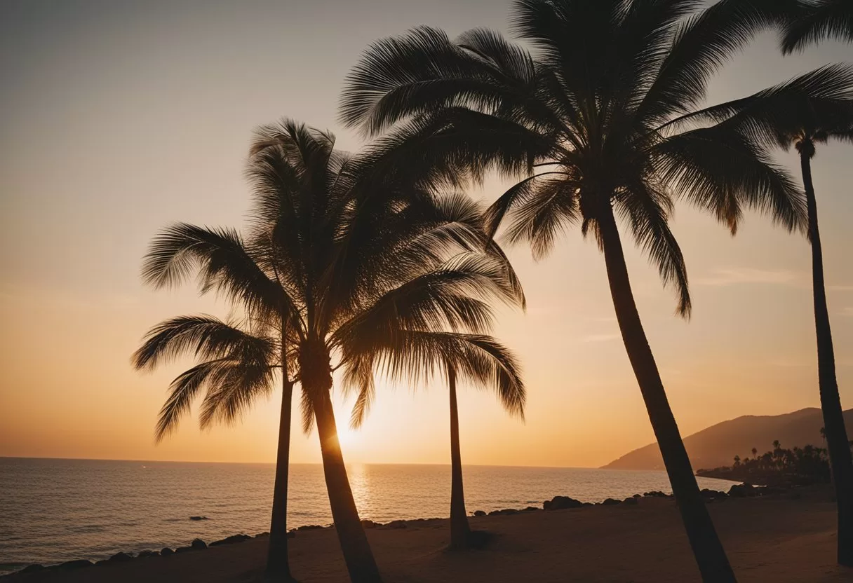 The sun sets over the picturesque coastline of Puerto Vallarta, with palm trees swaying in the gentle breeze and the ocean shimmering under the fading light