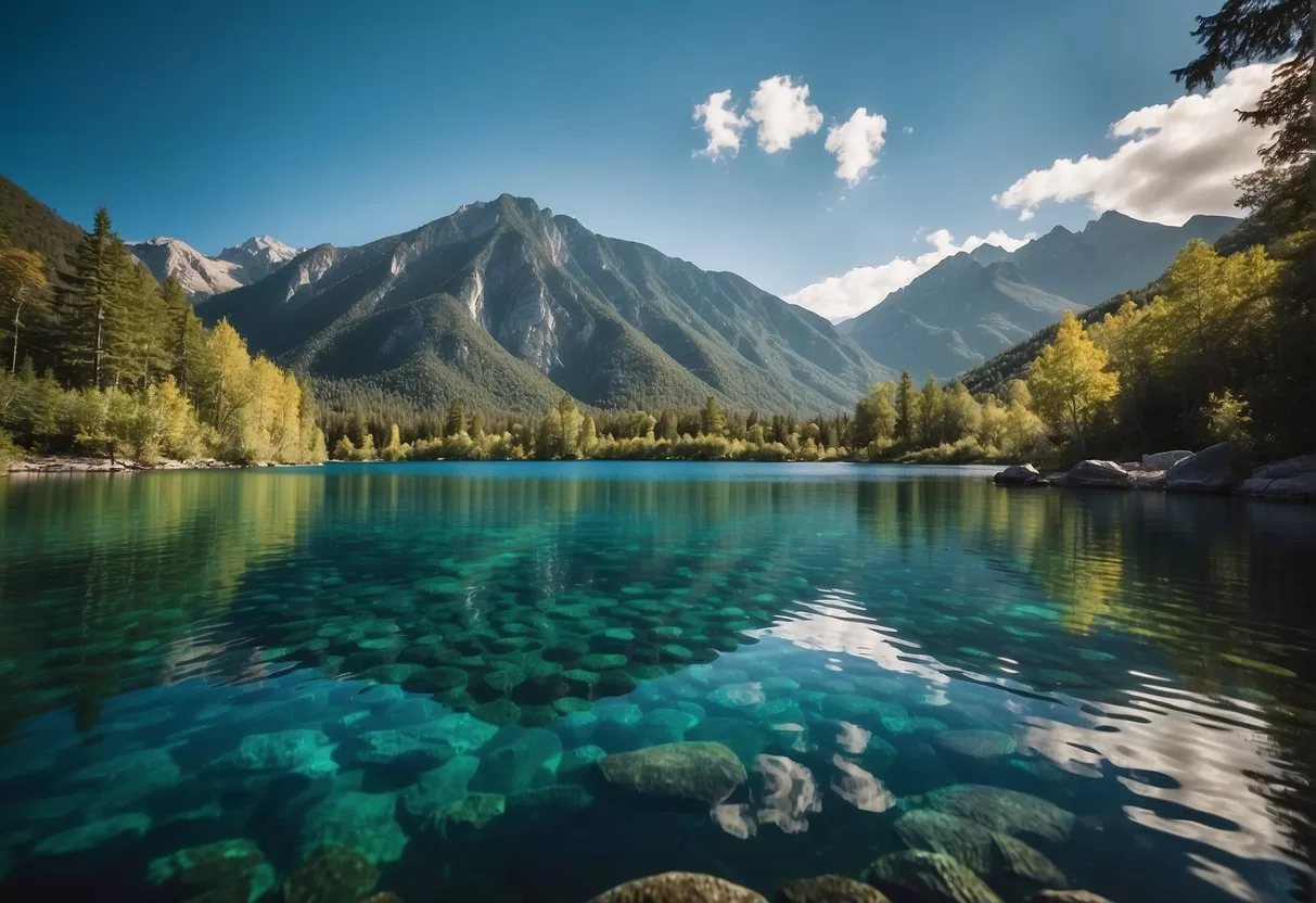 The Laguna de los 7 Colores shimmers with turquoise, sapphire, and emerald hues. The crystal-clear water reflects the lush surrounding jungle and the bright blue sky above