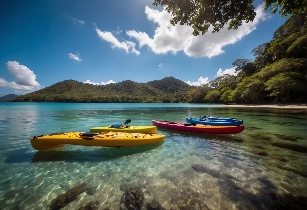 Crystal clear waters reflect vibrant colors of surrounding jungle, kayaks and paddleboards dot the surface, while tourists snorkel and swim in the stunning Laguna de los 7 Colores