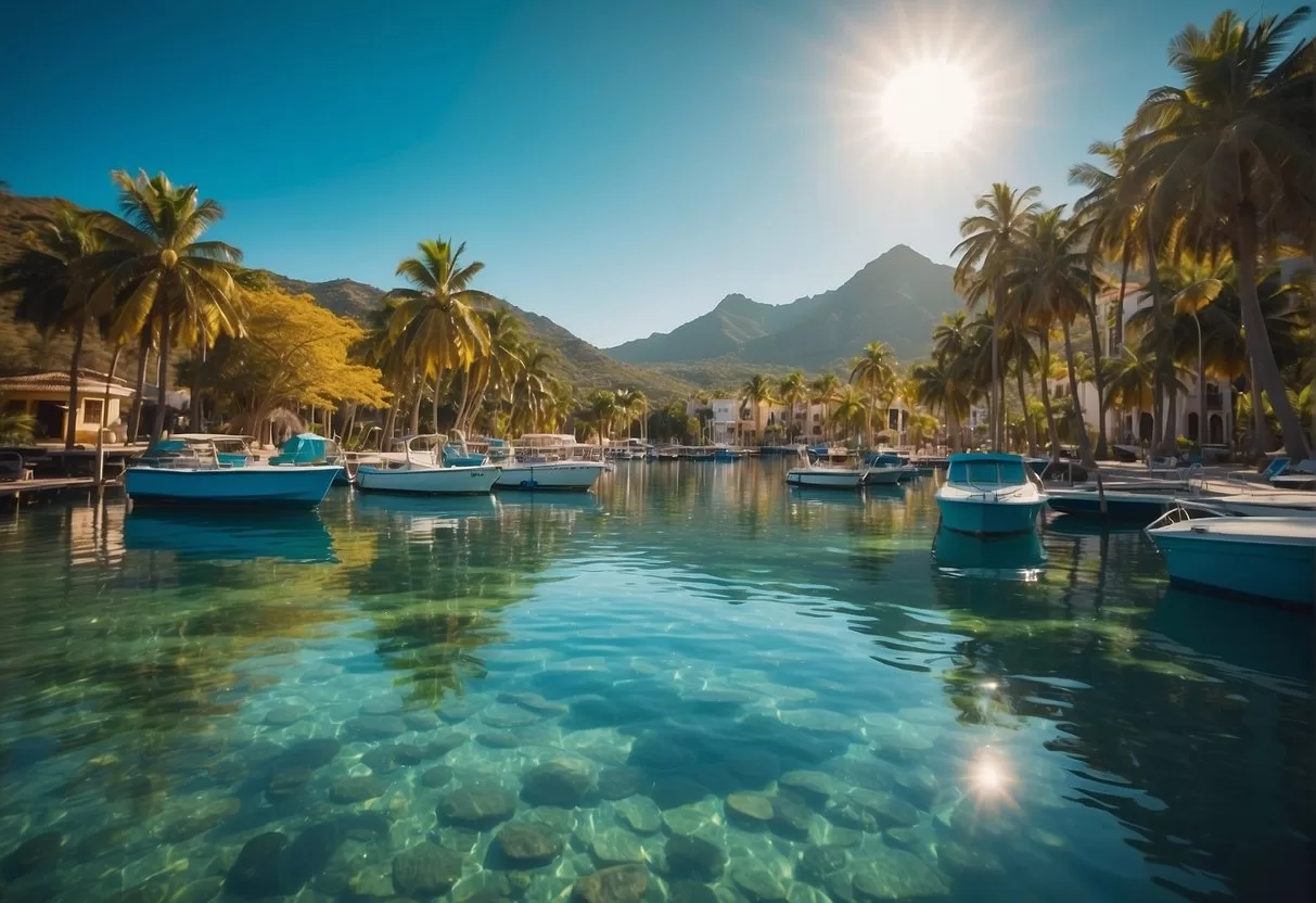 The Laguna de los 7 colores shimmers under the bright sun, showcasing a spectrum of blue and green hues. Palm trees line the shores, and small boats dot the crystal-clear water of Laguna de los 7 Colores