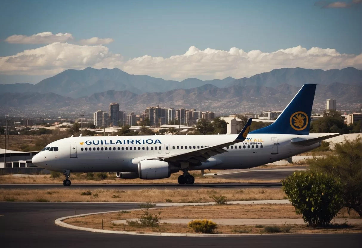 Planes take off and land at the bustling airports in Guadalajara, Jalisco, Mexico, with a backdrop of mountains and city skyline