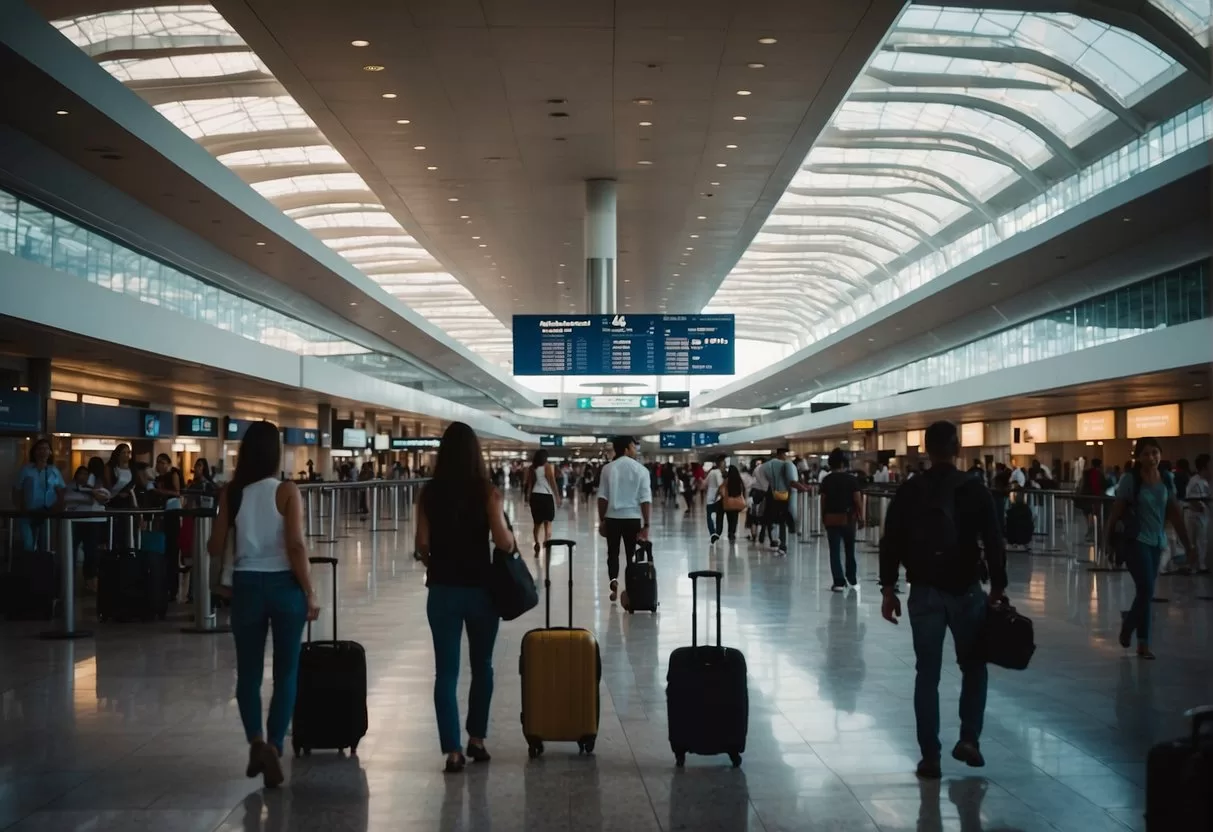 The airport in Guadalajara, Jalisco, Mexico bustles with activity as planes take off and land, while passengers and luggage move throughout the terminal