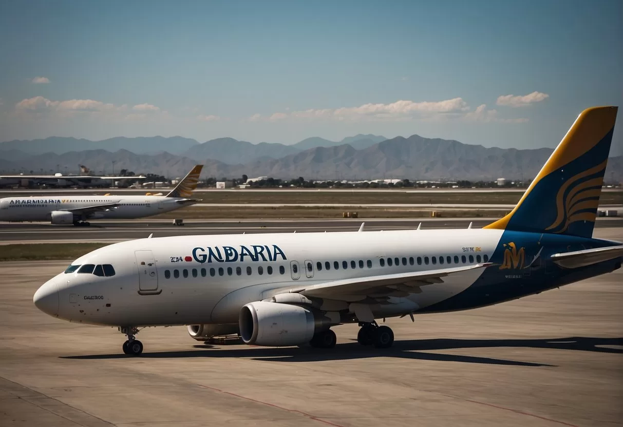 Airplanes taxiing on runways, ground crew loading luggage, and passengers boarding planes at Guadalajara Airport in Jalisco, Mexico