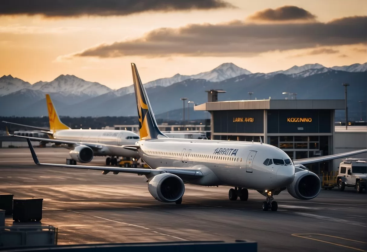 Busy tarmac with planes loading, unloading. Passengers boarding, exiting terminals. Tower overlooks bustling activity. Mountains in distance. Vibrant atmosphere