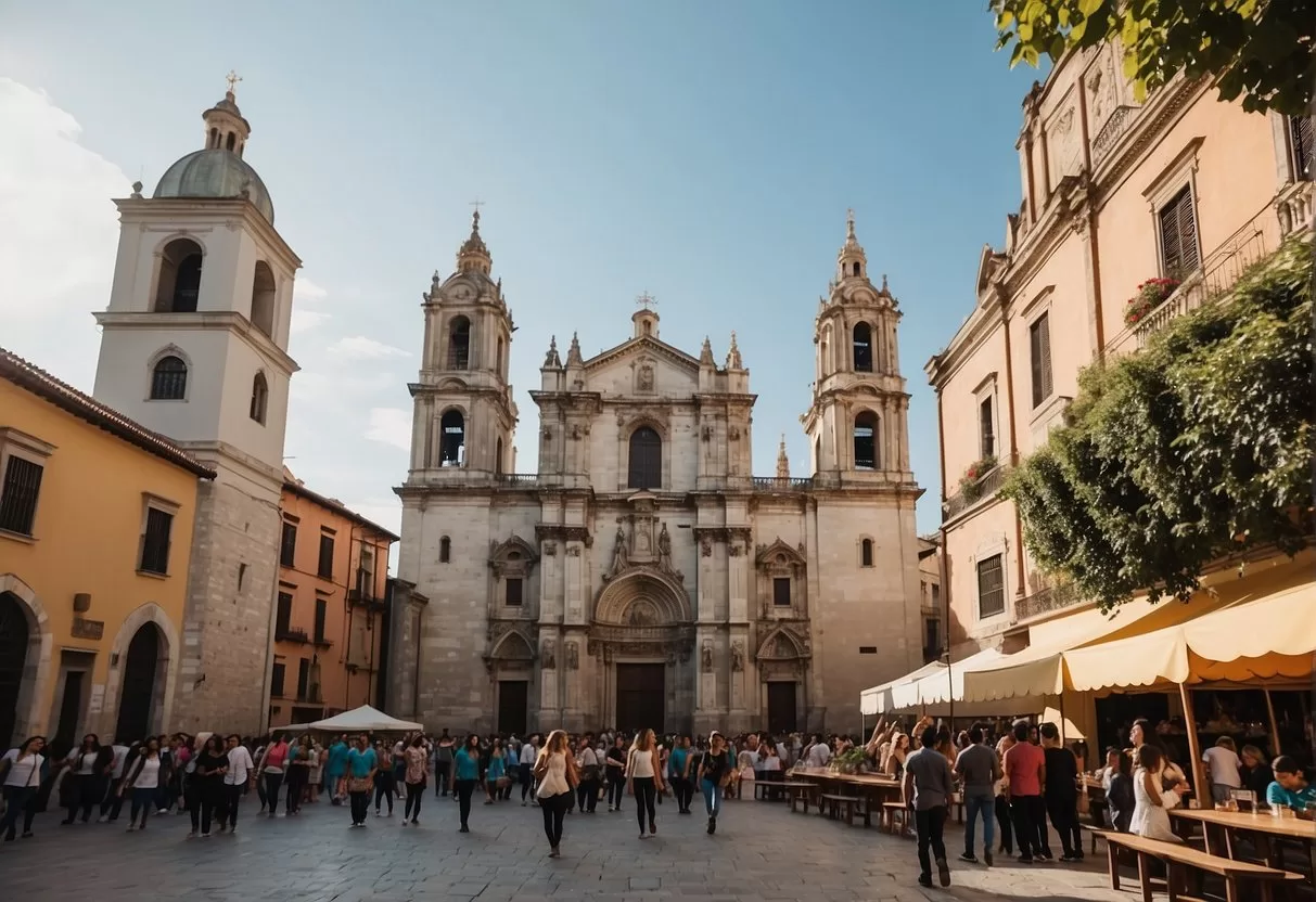 The iconic cathedral stands tall in the historic center, surrounded by colorful buildings and bustling markets. Tourists explore the cobblestone streets, while mariachi bands serenade the crowds