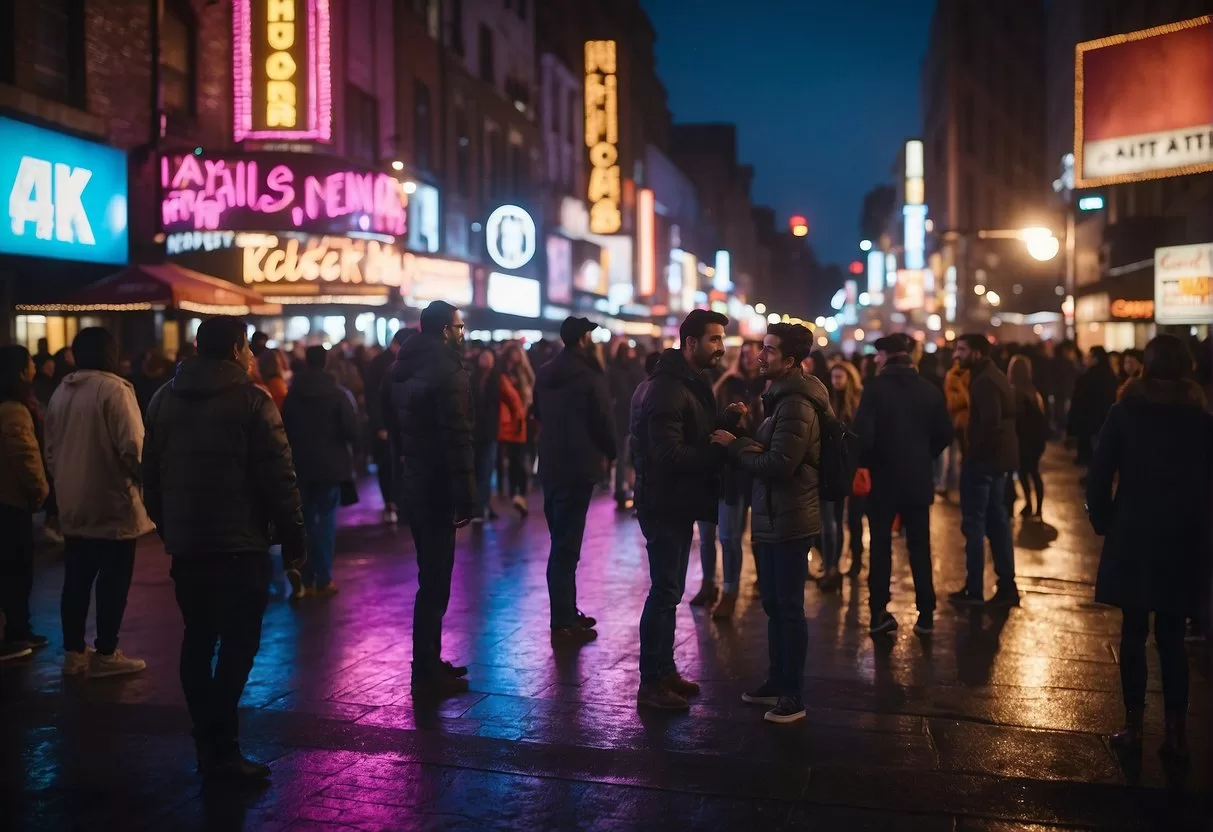 Bright lights illuminate bustling streets, with music spilling from lively bars and clubs. People gather around street performers, while colorful signs advertise theaters and dance venues