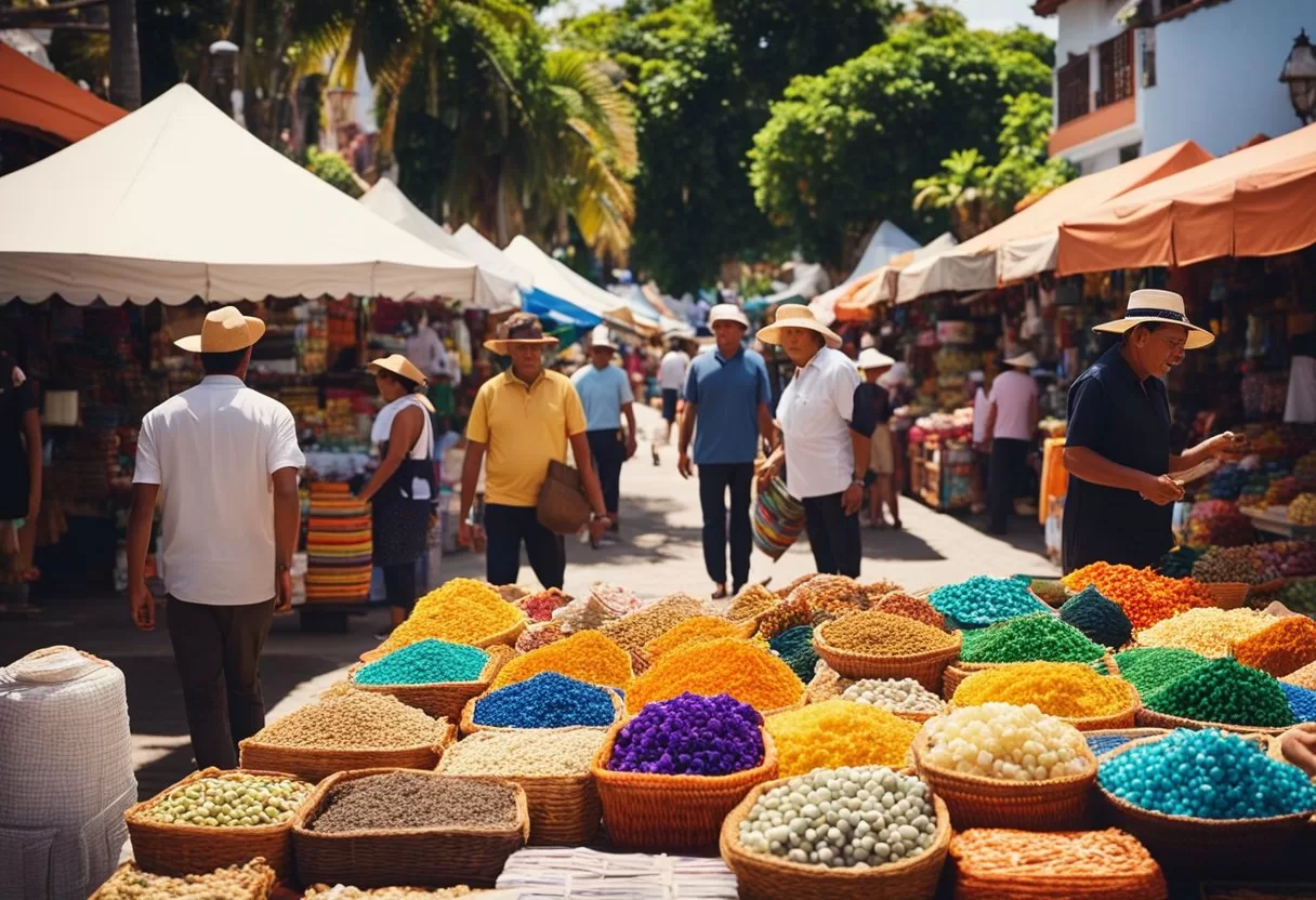 A bustling marketplace in Puerto Vallarta, with vendors selling colorful crafts and tourists exchanging currency. The sun shines on the vibrant scene