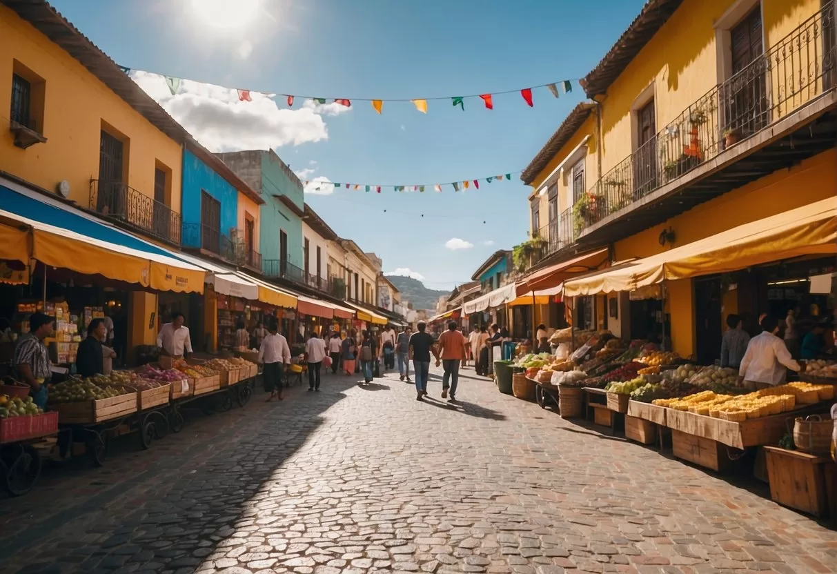 Colorful buildings line the cobblestone streets of Guadalajara Centro. A bustling market fills the square with vendors selling traditional crafts and street food. The sound of mariachi music fills the air