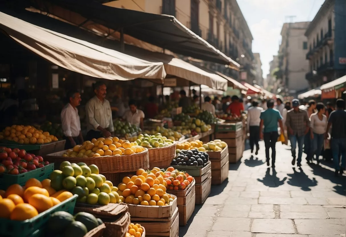A bustling market with colorful fruits, traditional Mexican dishes, and local vendors in Guadalajara centro