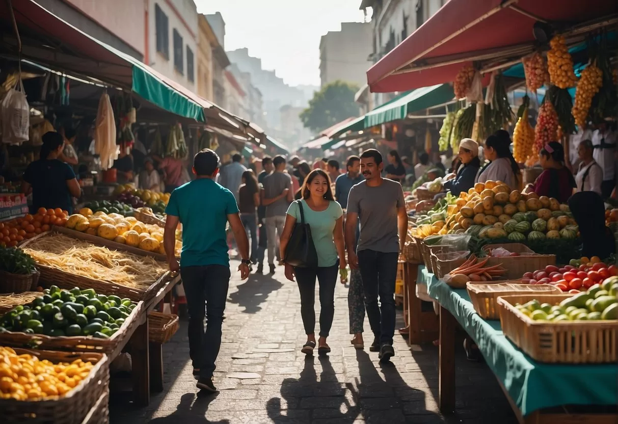 A bustling market in Guadalajara Centro with colorful stalls and vendors selling fresh produce, handmade crafts, and local goods. Busy shoppers browse the vibrant displays, creating a lively and energetic atmosphere