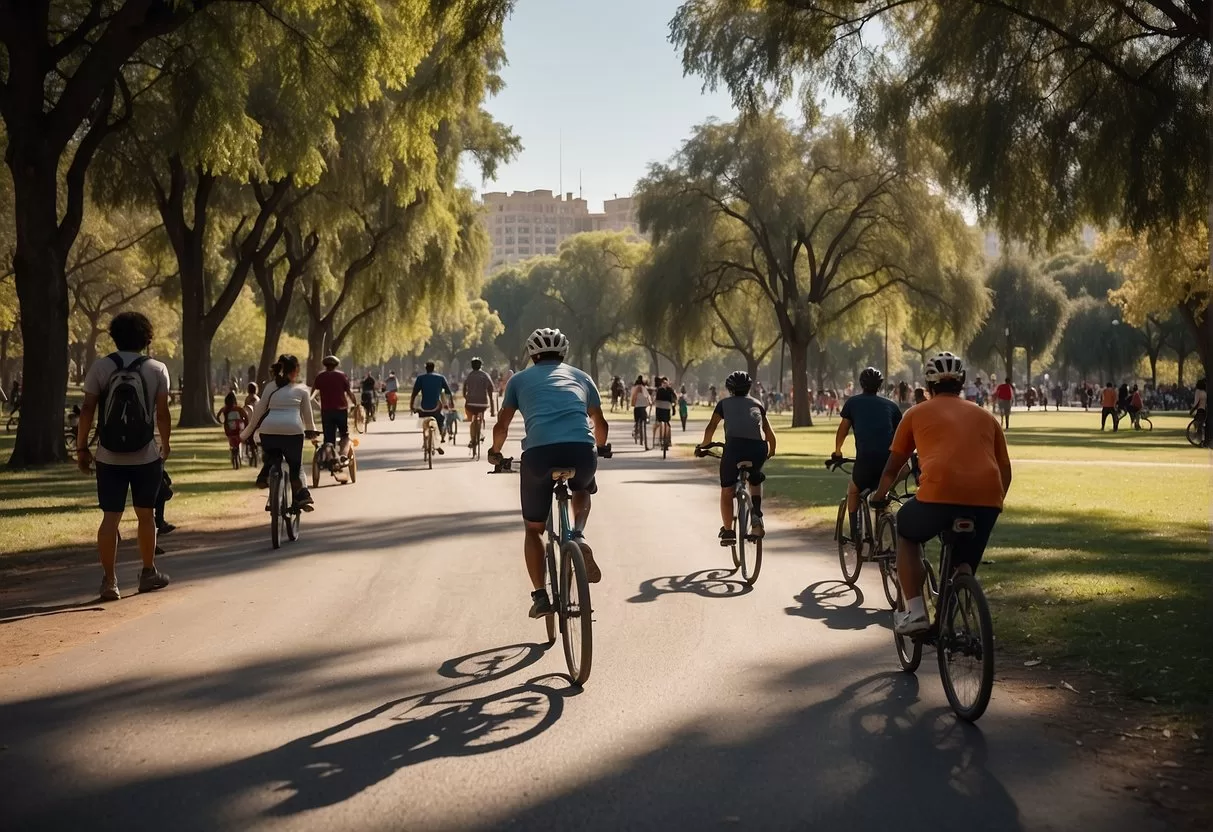 People enjoying outdoor activities in Guadalajara's central park: biking, walking, picnicking, and playing sports