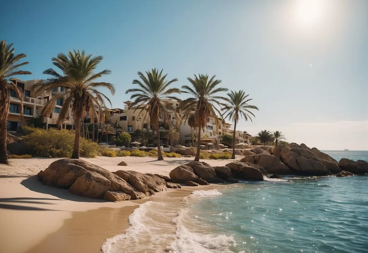 Sunny skies over a sandy beach, palm trees swaying in a gentle breeze. Clear blue waters and a warm climate make Cabo a perfect travel destination