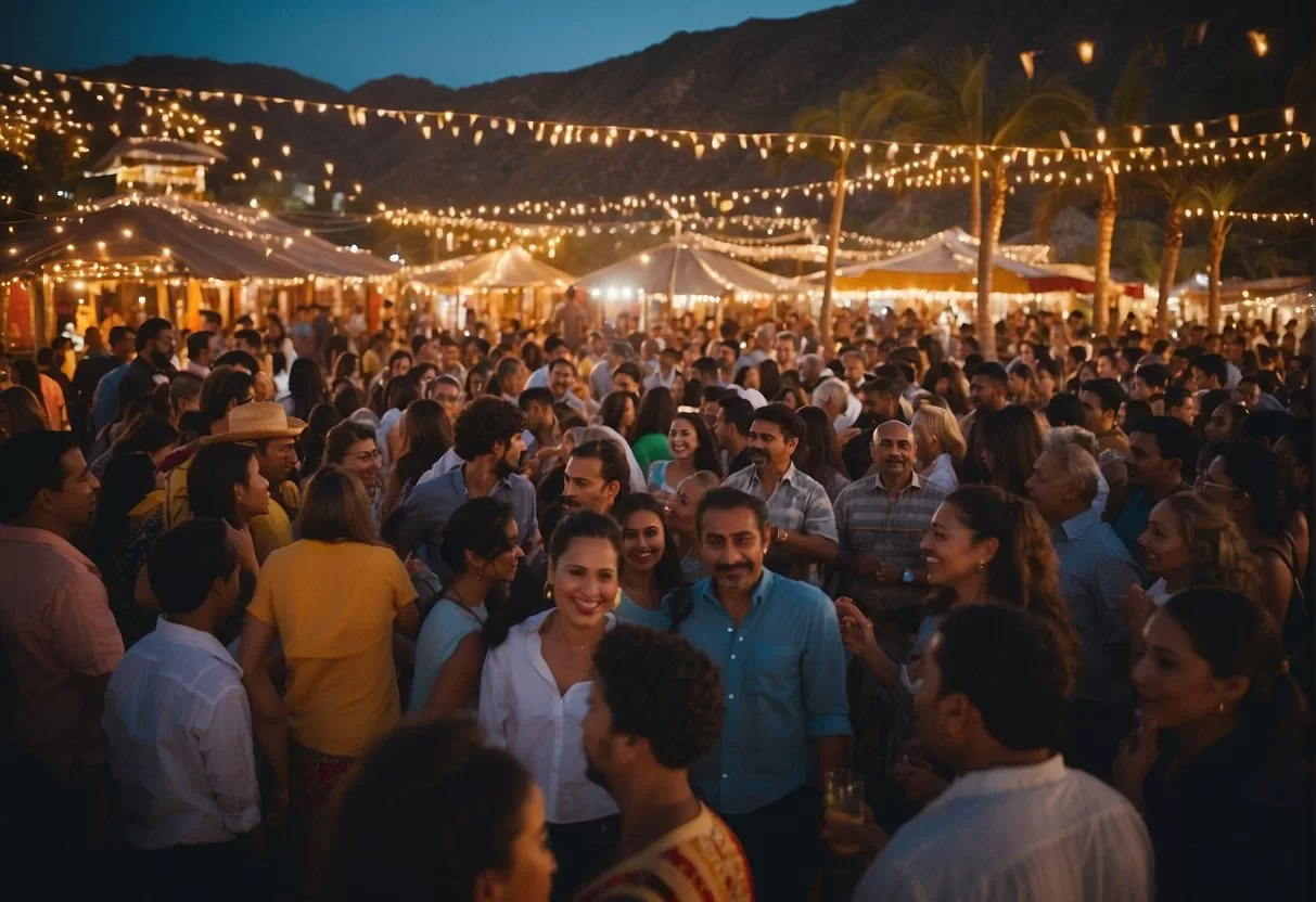 Crowds gather at a lively cultural event in Cabo, with colorful decorations, traditional music, and local cuisine. The atmosphere is vibrant and festive, creating a dynamic and exciting scene for an illustrator to recreate