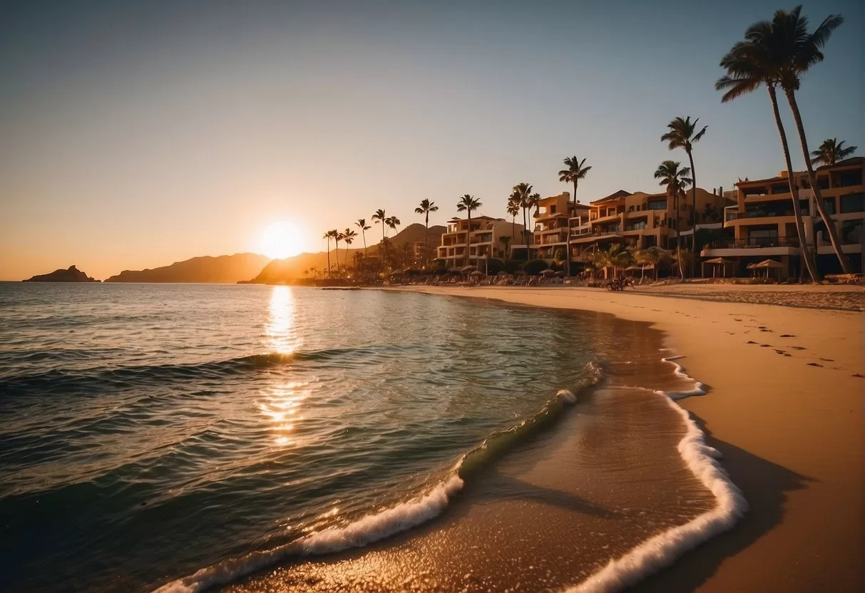 The sun sets over a serene beach in Cabo, with palm trees swaying in the warm breeze. A line of colorful beachfront accommodations beckons travelers to book their stay in this idyllic paradise