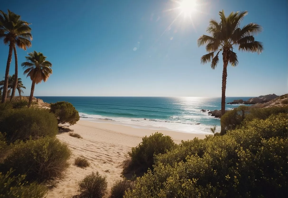 A sunny beach with clear blue skies, calm ocean waves, and a few palm trees, indicating the ideal time to travel to Cabo for safety and relaxation Best Time to Travel to Cabo