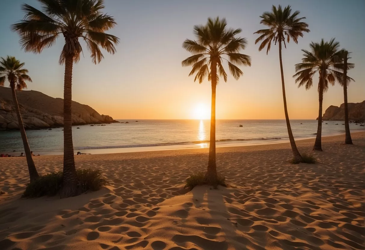 The sun sets over the tranquil waters of Cabo, casting a warm glow on the sandy beaches and palm trees, creating a perfect scene for a relaxing vacation
