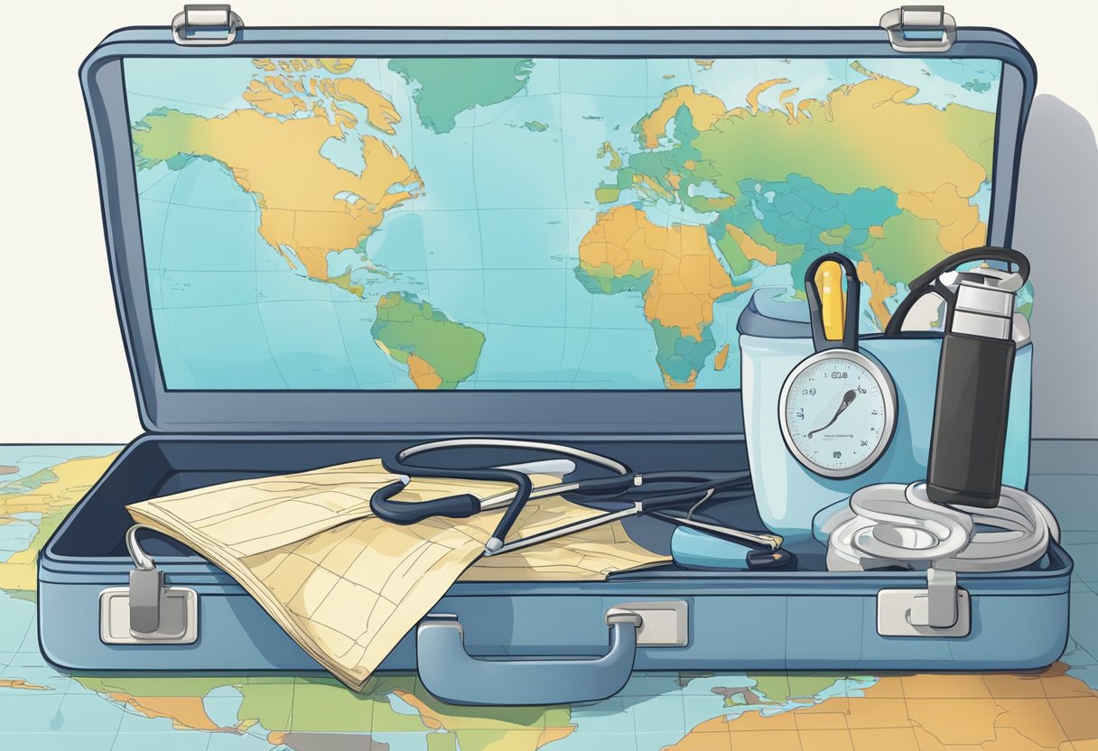 A suitcase packed with scrubs and a stethoscope sits next to a world map and a laptop, ready for a travel CNA assignment