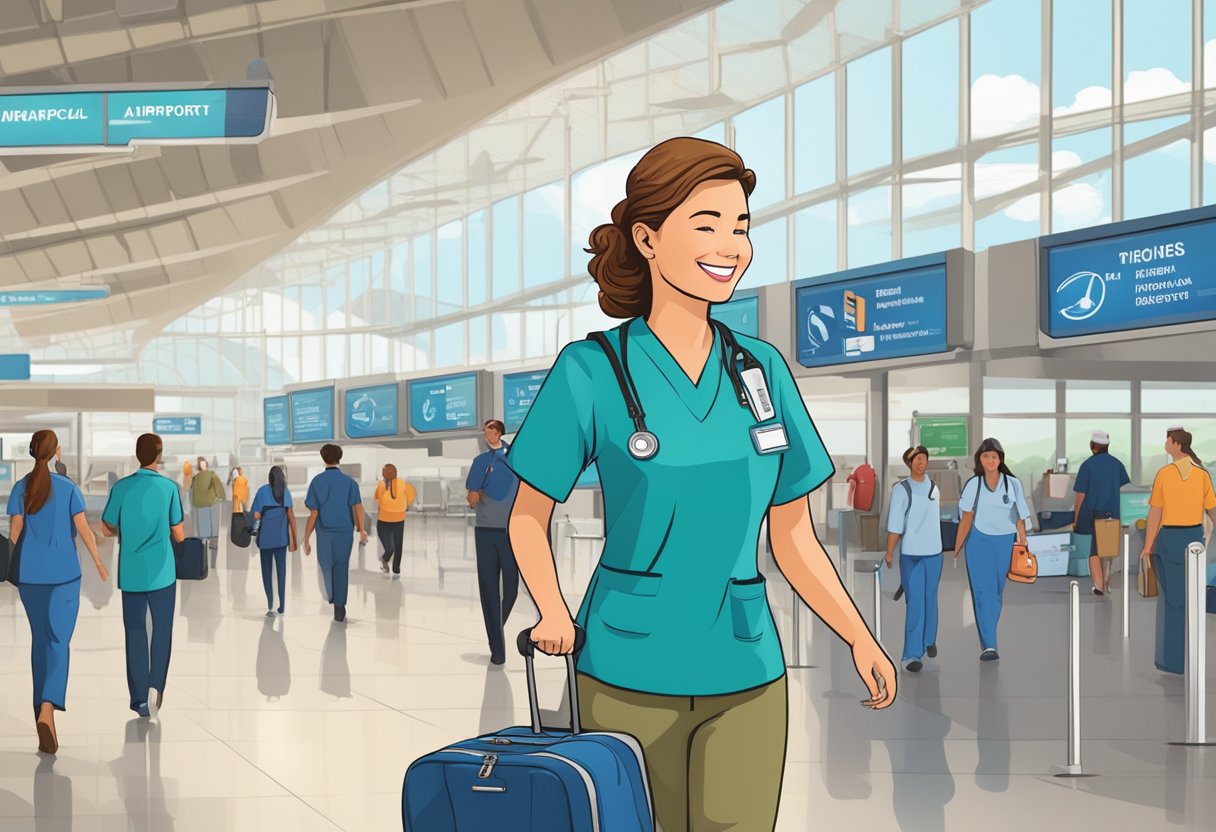 A CNA in scrubs walks confidently through a bustling airport, carrying a medical bag and smiling at travelers. Airport signs point to various destinations