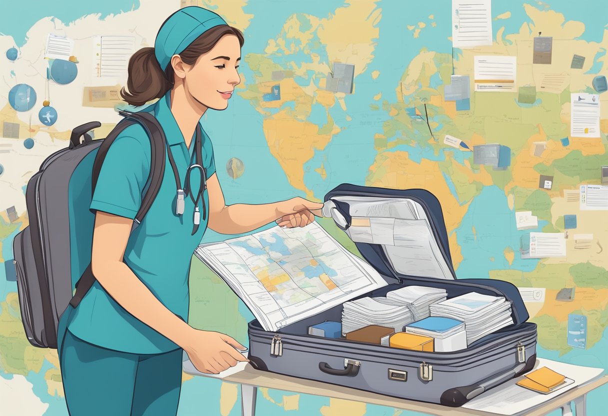 A CNA travels with a suitcase, facing a map and a list of assignments, while juggling communication devices and medical supplies