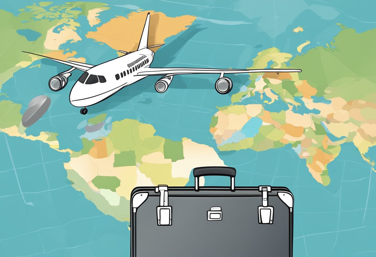 A suitcase and a stethoscope on a world map, with a plane flying overhead