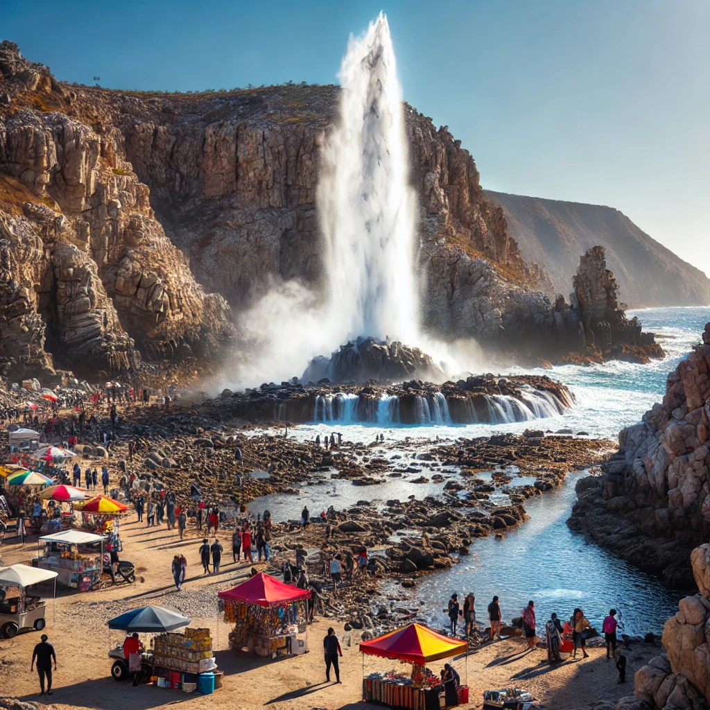 La Bufadora, showcasing the marine geyser in action surrounded by tourists and local vendors.