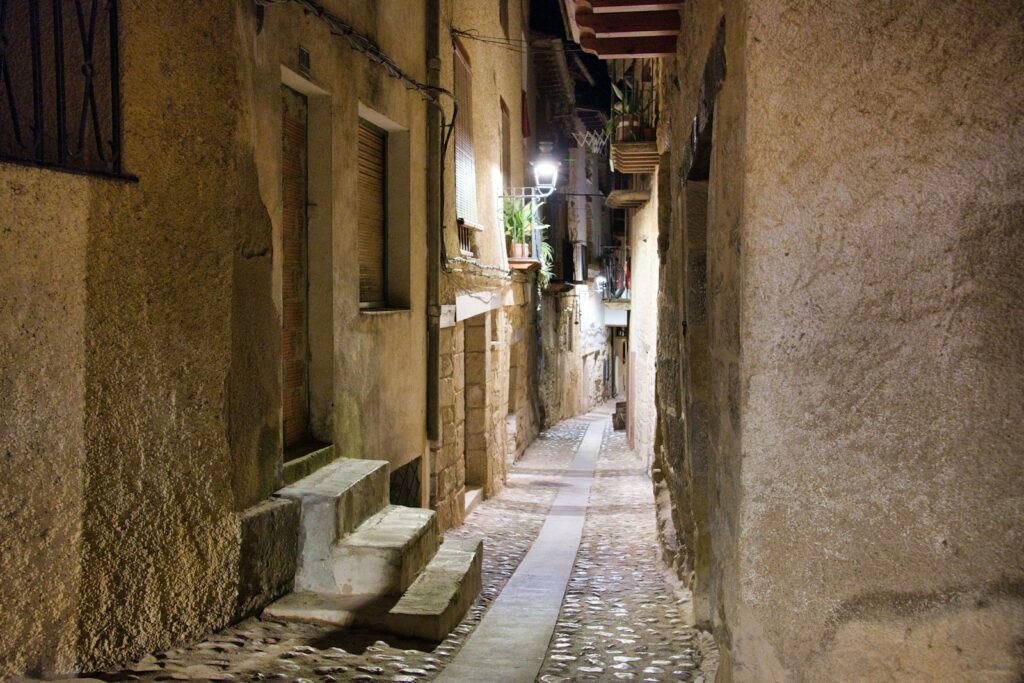 A narrow alley with steps leading up to a building Barrio Antiguo