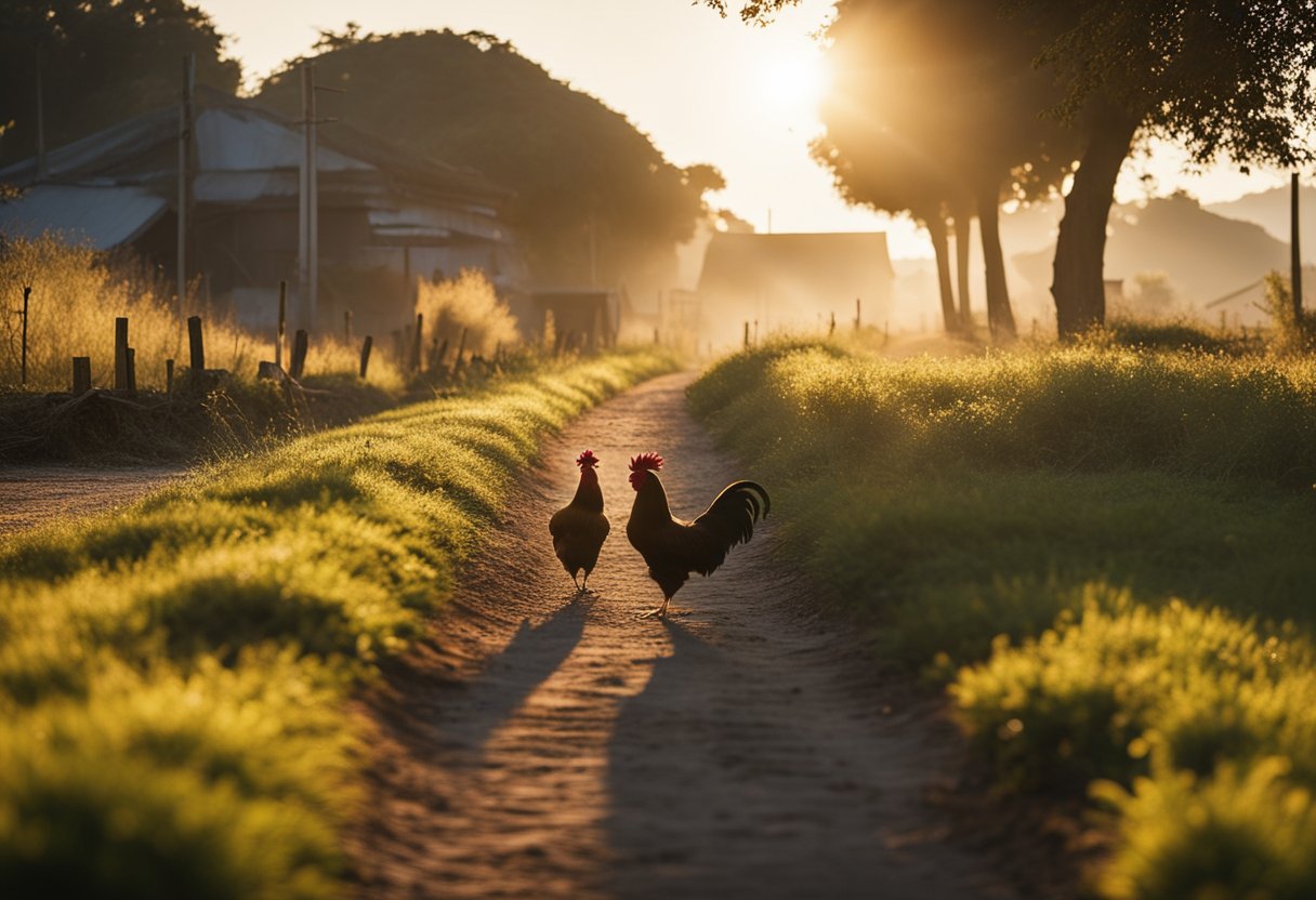 A bright sun rises over a tranquil village, casting long shadows as a rooster crows in the distance