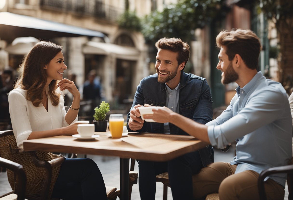 People conversing at a café, gesturing towards the calendar while discussing plans for tomorrow in Spanish