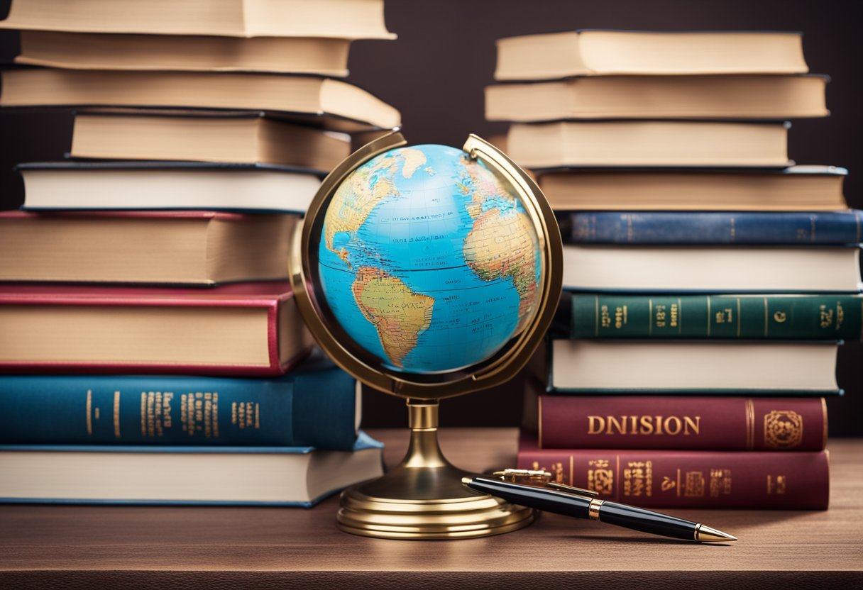 A stack of books with a globe on top, surrounded by language dictionaries and a pen