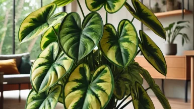 A vibrant Philodendron Brasil plant with heart-shaped variegated leaves in shades of deep green and lime, placed in a modern indoor setting with natur