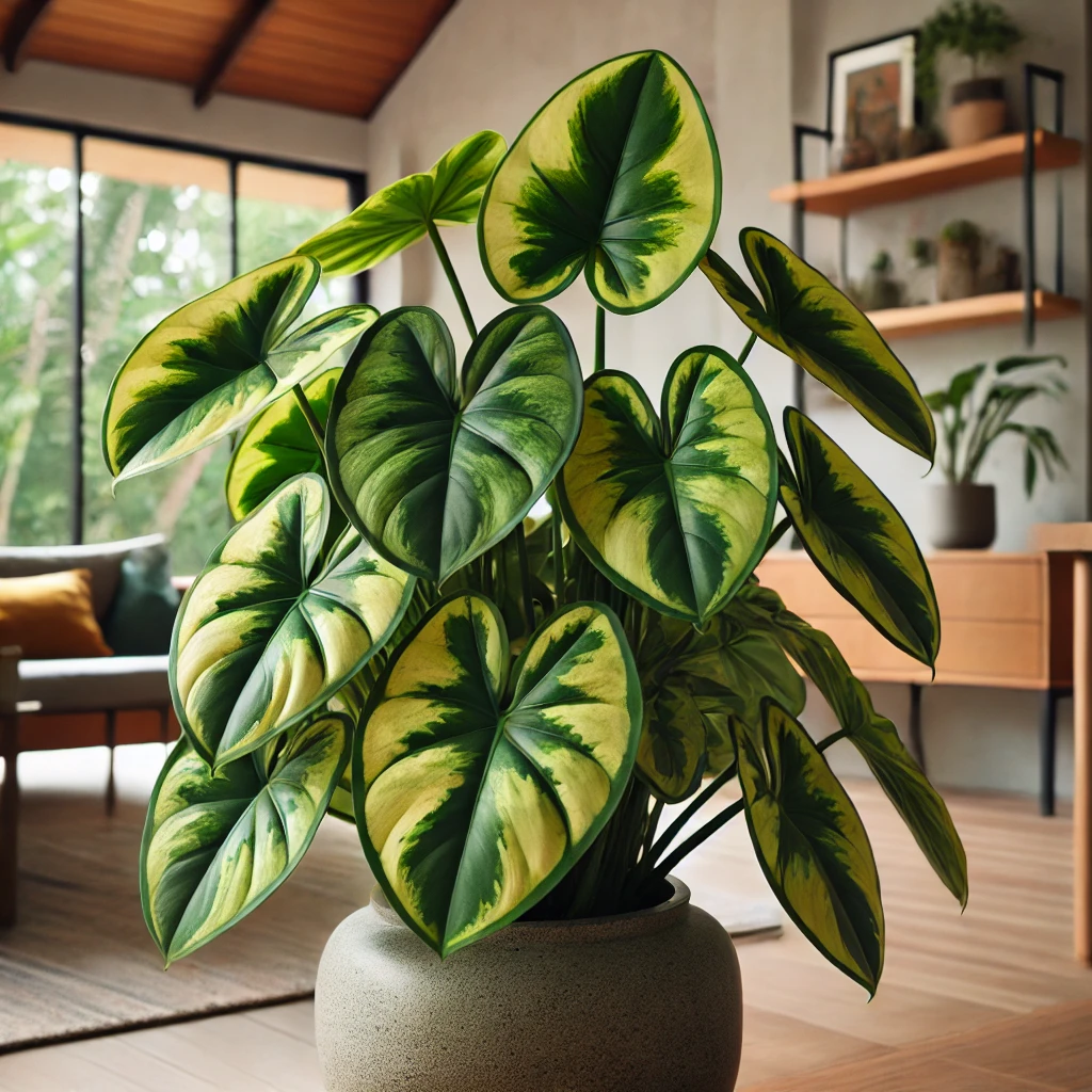 A vibrant Philodendron Brasil plant with heart-shaped variegated leaves in shades of deep green and lime, placed in a modern indoor setting with natur